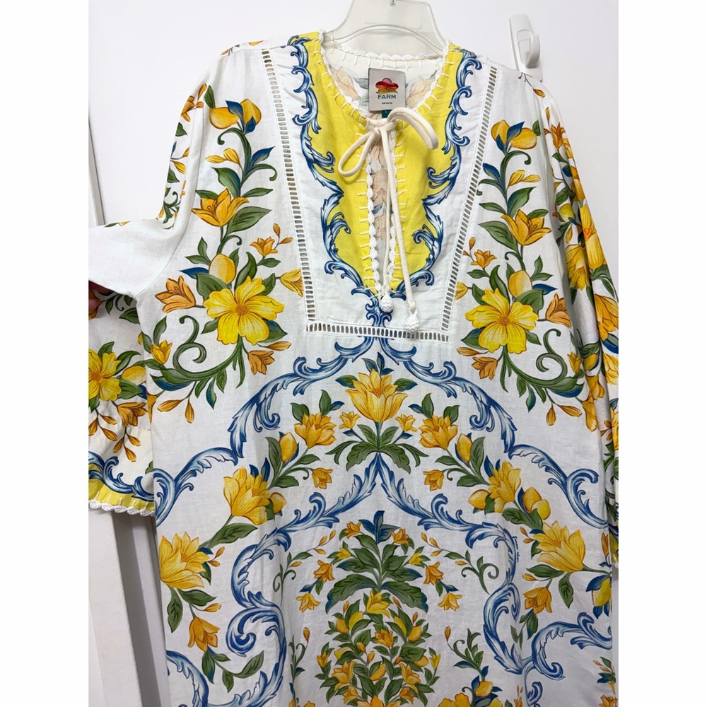 Farm Rio Sicily Scarf Lemon Print Mini Dress Yellow Fruit Floral Linen L - Picture 6 of 16
